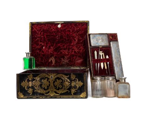 ATTRACTIVE VICTORIAN PAPIER MACHE TRAVELLING DRESSING CASE,the hinged cover painted and inset with mother of pearl feautring 