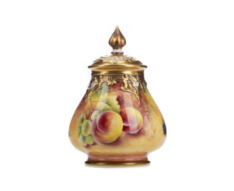 ROYAL WORCESTER LIDDED POTPOURRI,the lobed body hand painted with fruit by Timothy Nutt, printed marks and no. H291 5/5, 13.5