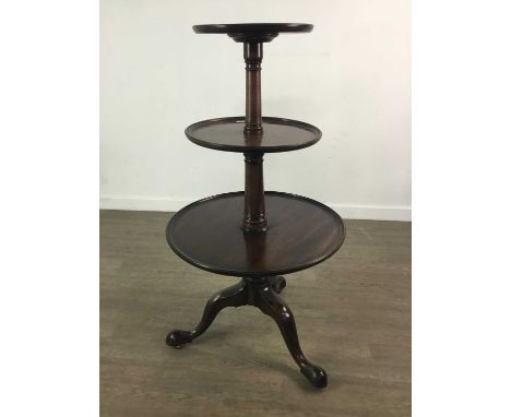 LATE 19TH CENTURY MAHOGANY DUMB WAITER,with three tiers on turned tapered columns to tripod cabriole base, 110cm highScratche