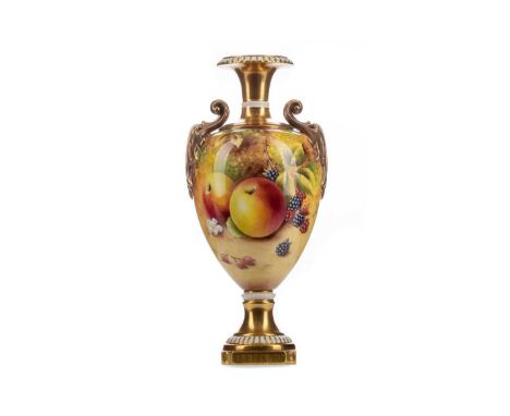 ROYAL WORCESTER TWIN-HANDLED VASE,the baluster body hand-painted by Timothy Nutt and signed, on waisted stem to pedestal base