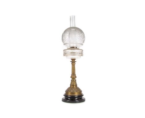 VICTORIAN OIL LAMP,with etched glass shade over a faceted reservoir, brass tapered column and lacquered base, 72cm high