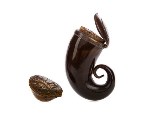 19TH CENTURY HORN SNUFF MULL,with white metal mounts, 9cm long, together with another small snuff box with carved and partly 