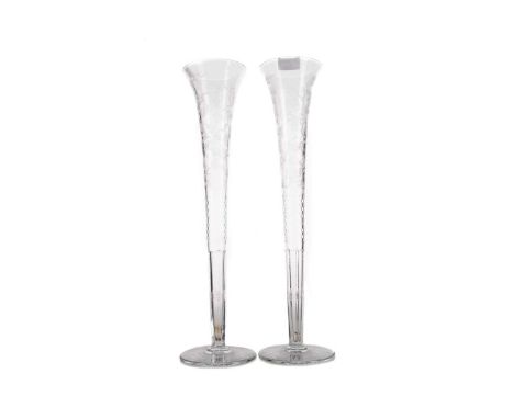 LARGE PAIR OF CRYSTAL TRUMPET VASES BY WILLIAM YEOWARD,wheel engraved with grape and vine pattern above faceted lower section