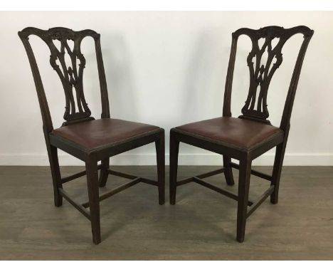 SET OF SIX 19TH CENTURY MAHOGANY CHIPPENDALE-STYLE DINING CHAIRS,with carved and scrolled top rails above pierced splat backs