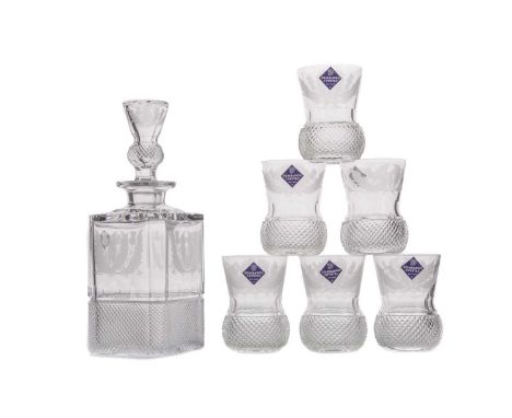 EDINBURGH CRYSTAL WHISKY SET,comprising decanter with thistle stopper and a set of six thistle head glasses, all with further