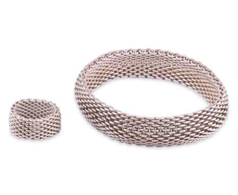 A TIFFANY &amp; CO. SILVER MESH BRACELET AND RING From the 'Somerset' collection in silver braided link, both stamped '925' C