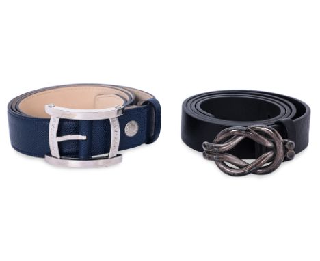 A GUCCI AND BVLGARI MEN'S LEATHER BELT
Black leather with Gucci antiqued 'Silver Knot' buckle, navy blue leather with silver-