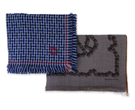 TWO HERMÈS PRINT SCARVES
Including a rectangle 'Cheval Dechaine' scarf, designed by Dimitri Rybaltchenko; 'H Ecossais' cheche