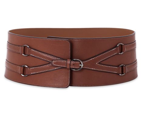 AN HERMÈS BROWN LEATHER WAIST BELT Harness belt fastening, silver-tone hardware, stamped '80', includes box 80cm Condition:&n