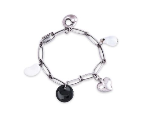 A TIFFANY & CO. SILVER CHARM BRACELET
Designed by Elsa Peretti, marked '925, assorted glass, silver and enamel charms, snap l