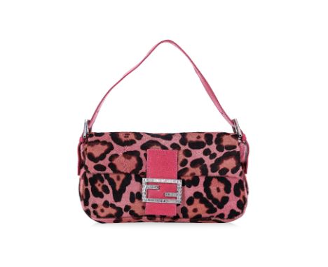 A FENDI PINK CHEETAH PRINT BAGUETTE Calf hair exterior with silver-tone hardware, embellished with rhinestones to front 'Fend