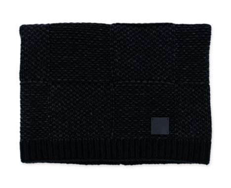 A LOUIS VUITTON DAMIER BLACK WOOL MUFFLER
Black leather 'LV' patch, includes box
Condition: For a condition report or further