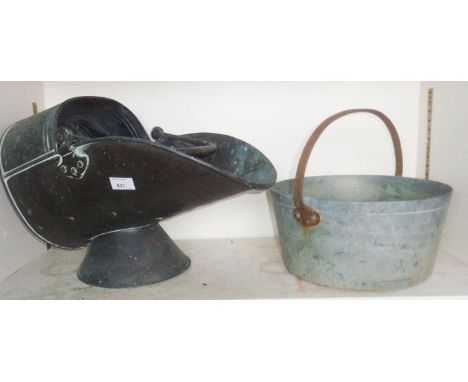Victorian copper coal helmet and a brass jam pan 