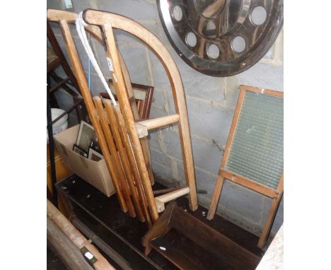 Wooden toboggan, glass &amp; wood washboard and a bookrack