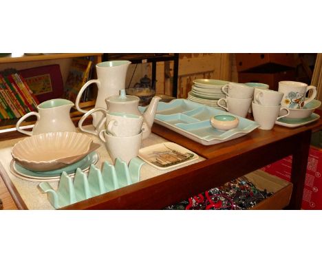 Collection of 1950's twin-tone Poole pottery including hors d'oeuvres dish etc.