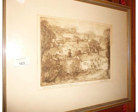 An etching of Journeys End Inn, Ringmore, Devon by Edna Arthur