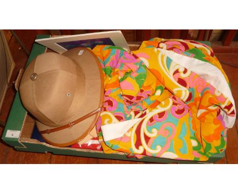 Vintage Clothing: A ladies 'pith helmet' a psychedelic maxi dress and some bed linen