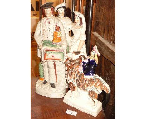 Staffordshire organ grinder and monkey (A/F) with two other figural flatbacks