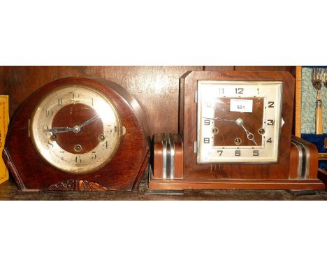 Art Deco walnut and chrome mantle clock with another