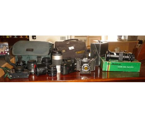 Zeiss Ikon camera, 3 others, 6 various lenses inc. a Makinon Zoom slide duplicator