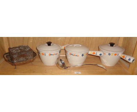 Three Le Creuset saucepans, large silver plated soup ladle, etc