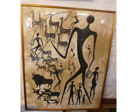 Tribal Art- Contemporary Masai silhouette print of Masai warriors , zebras and villagers etc. Approx. 32 x 25 cm