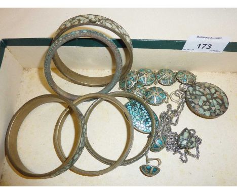 Tribal jewellery with turquoise mosaic inlay, inc. bangles, bracelets and brooches