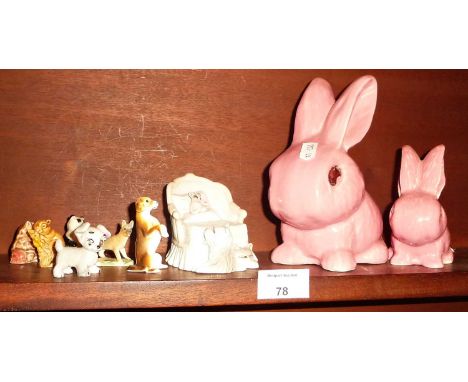 Two Sylvac rabbits in pink, and Wade Whimsies, etc.