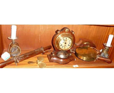 Japanese carved wooden page turner, oak and brass mantle clock, brass gong on elephant hook, electronic candlestick lamps etc