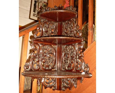 Victorian carved oak three tier corner shelf 