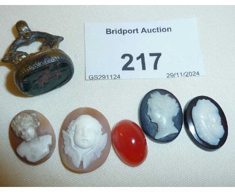 Intaglio fob seal (some chips) and some small carved shell cameo cabochons