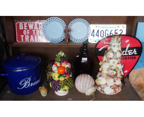 Assorted items including enamel bread bin, a modern Fender guitar sign, a Casa Pupo china bunch of fruit, etc