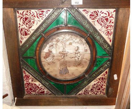 Arts and Crafts style stained glass window with handpainted central roundel of girls playing Ring a Ring o' Roses. Approx. 46