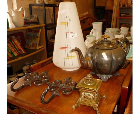 1960's conical smoked glass lampshade with abstract line decorations together with a brass inkwell, a silver plated teapot an
