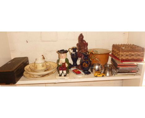 Assorted items inc. Mintons 'Byron' tea cup, saucers and plates, a Japanese carved hardwood figure etc