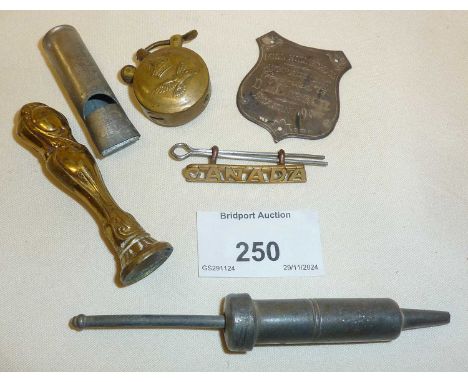 WW2 Trench Art lighter made from Polish and RAF brass uniform buttons. old whistle, silver plaque, CANADA badge, pewter syrin