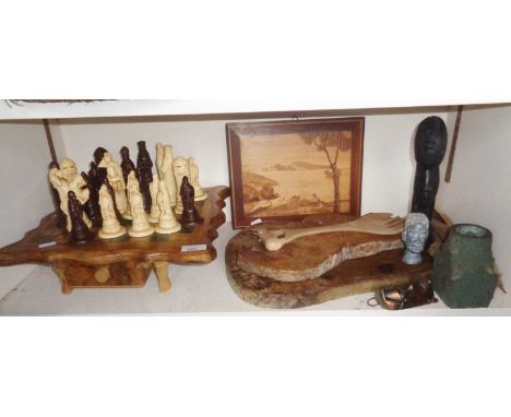 Chess set, marquetry panel, carved African figures and salad spoons, etc