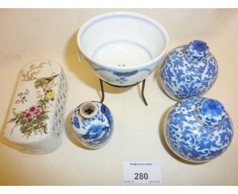 Pair of Chinese blue and white porcelain water droppers in the form of ginger jars (one lid damaged). Chinese porcelain scrol