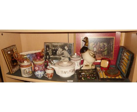 Assorted items including Chinese cloisonne box, a mid-century Crown Devon teapot, a Prattware-type jam pot, fish eaters etc