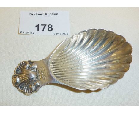 Silver caddy spoon with scallop form bowl and handle. Fully hallmarked, maker A (M) &amp; Co. Weight approx 20g