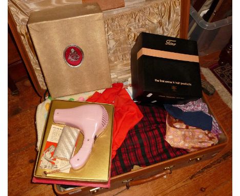 Suitcase of vintage clothing, a boxed Pifco hairdryer, c. 1960's and a Steiner ladies wig