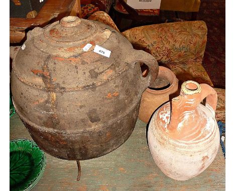 Vintage Moroccan Berber terracotta cooking vessel with cover and iron stand and 2 pots