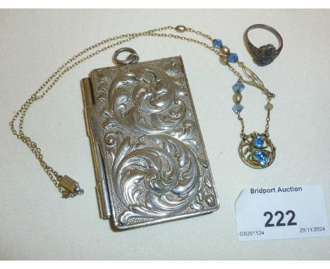 Victorian aide memoire for chatelaine, a necklace with bug pendant and a silver marcasite ring