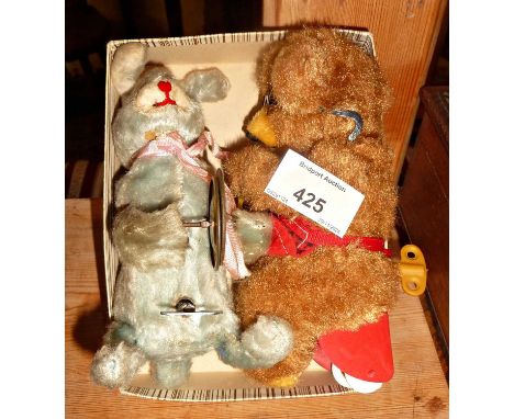 Vintage toy clockwork knitting bear and rabbit with cymbals