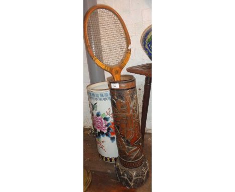 Oriental carved wood stick stand and an antique Waverly tennis acket with plated crest for N.E. Blake &amp; Co. Reading.