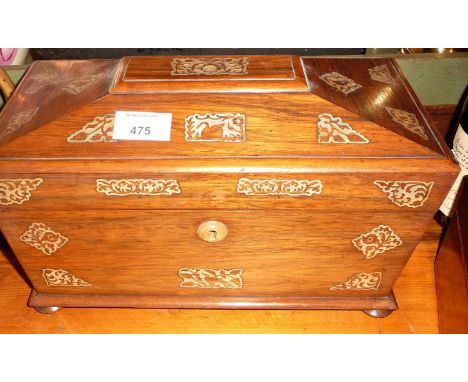 William IV inlaid rosewood sarcophagus shaped tea caddy with mixing bowl (one handle missing)