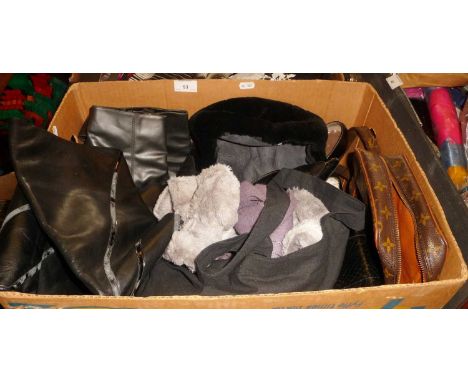 Vintage clothing: Box containing high quality ladies shoes, bags and accessories. Inc. Italian leather boots, Chanel stiletto