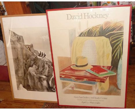 A David Hockney art gallery poster for New York University 1980, together with an enlarged photoprint featuring climbers on M