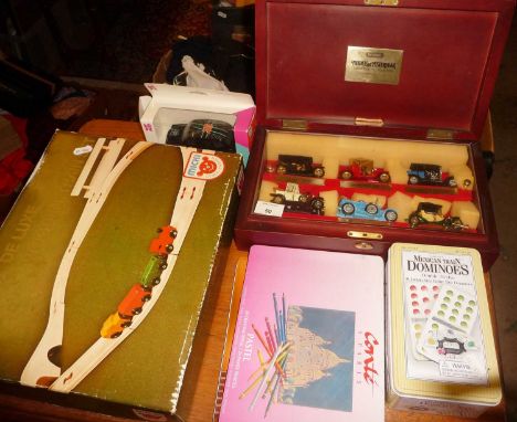 Harrods wooden toy train (boxed), cased set of Matchbox Models of Yesteryear, Mexican Train Double Twelve Dominoes, etc.