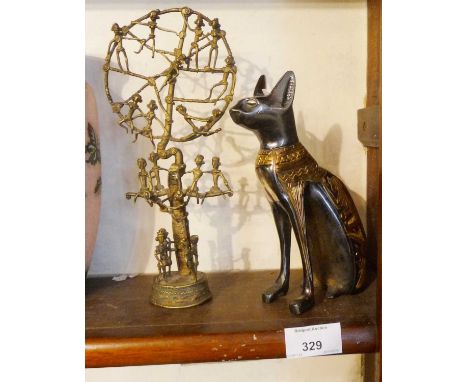 Egyptian bronze cat figurine and an African bronze "Tree of Life" figures